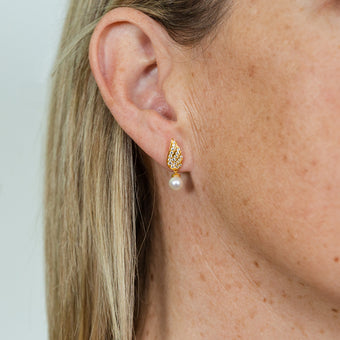 Gold Plated Silver Freshwater Pearl & Cubic Zirconia On Wings Drop Earrings