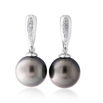9ct White Gold Tahitian Pearl & Diamond Drop Earrings