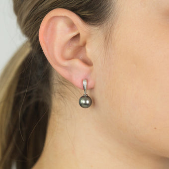 9ct White Gold Tahitian Pearl & Diamond Drop Earrings