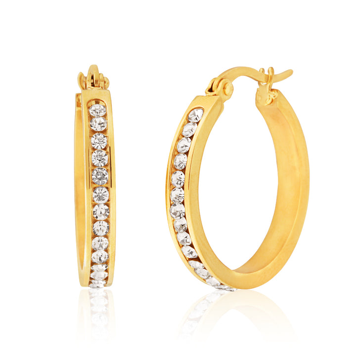 Stainless Steel Gold Plated 25mm Full Circle Crystal Hoop Earrings