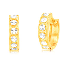 Load image into Gallery viewer, 9ct Yellow Gold Huggie Hoop Earrings with diamond cut feature with Rhodium
