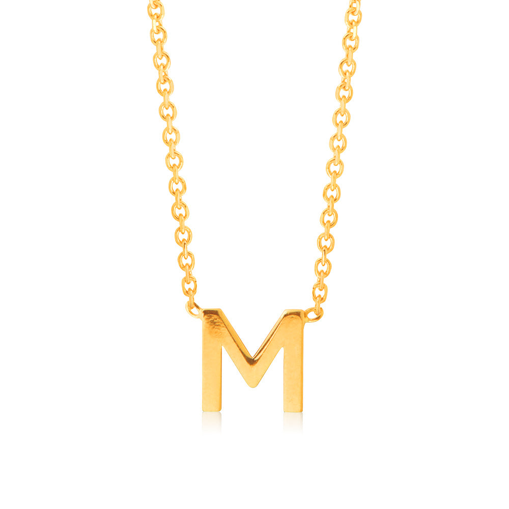9ct Yellow Gold Initial "M" Pendant on 43cm Chain