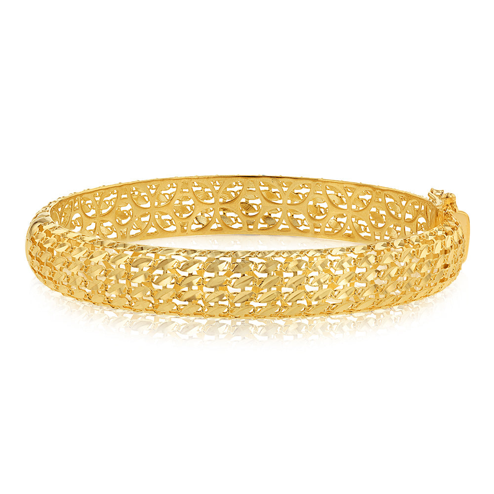 9ct Yellow Gold Diamond Cut Patterned Double Sided Hinged Bangles Grahams Jewellers