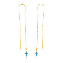 Load image into Gallery viewer, 9ct Yellow Gold Blue Eanmel Cross On Threader Earrings