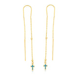 9ct Yellow Gold Blue Enamel Cross On Threader Earrings