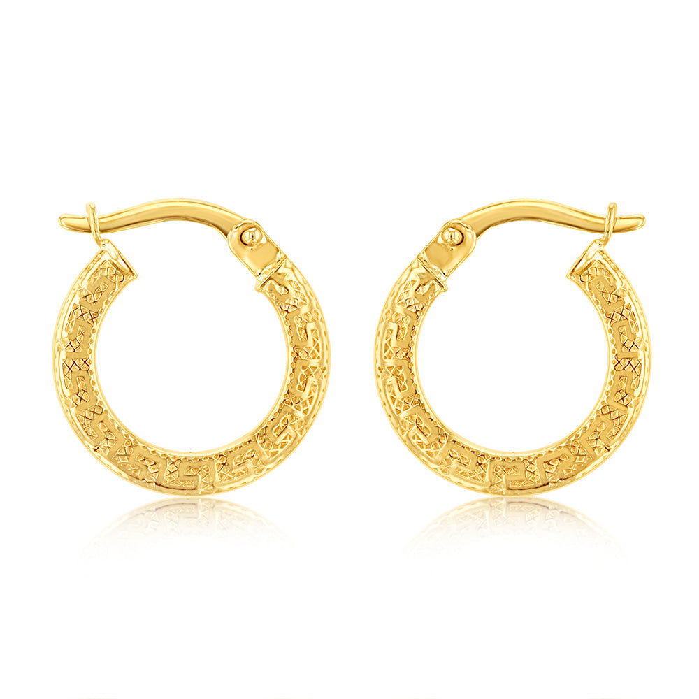 9ct Yellow Gold Greek Key 10mm Hoop Earrings