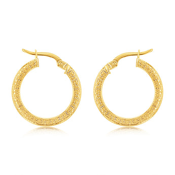 9ct Yellow Gold Greek Key 15mm Hoop Earrings