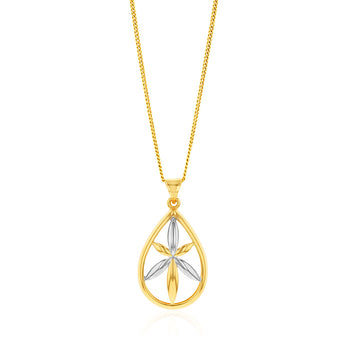9ct Yellow And White Gold Flower In Pear Shape Pendant