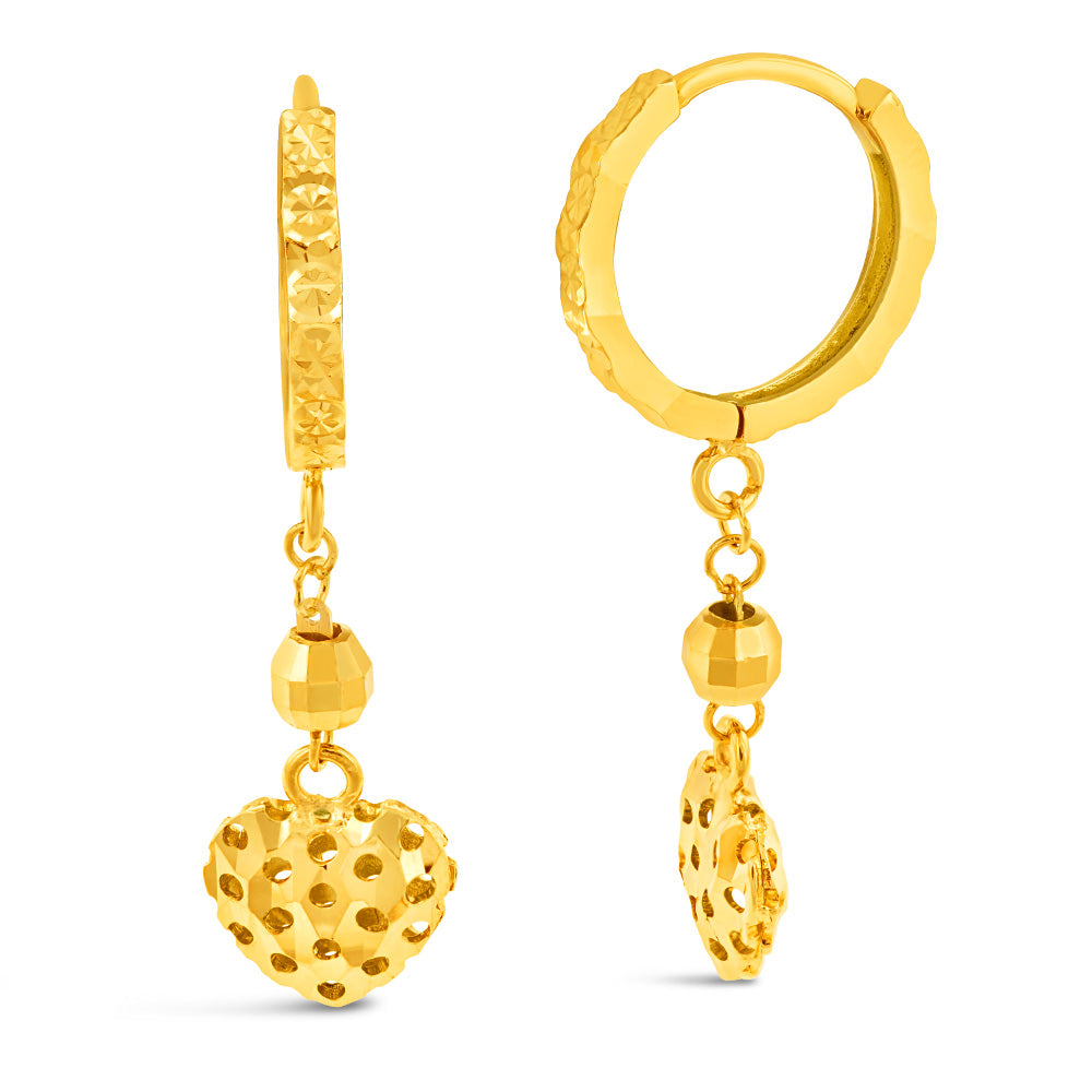 9ct Yellow Gold Heart Charm On Hoop Earrings