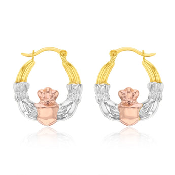 9ct Yellow Red and White Gold Three Tone Claddagh Hoop Earring