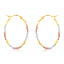 Load image into Gallery viewer, 9ct Yellow, Rose, White Three Tone Twist Tube Hoop Earrings