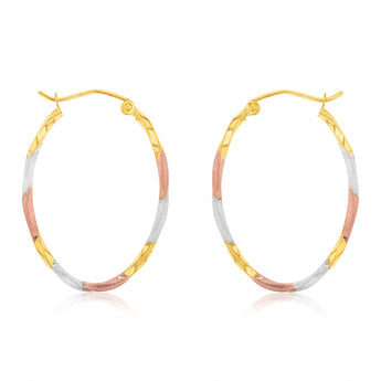 9ct Yellow, Rose, White Three Tone Twist Tube Hoop Earrings