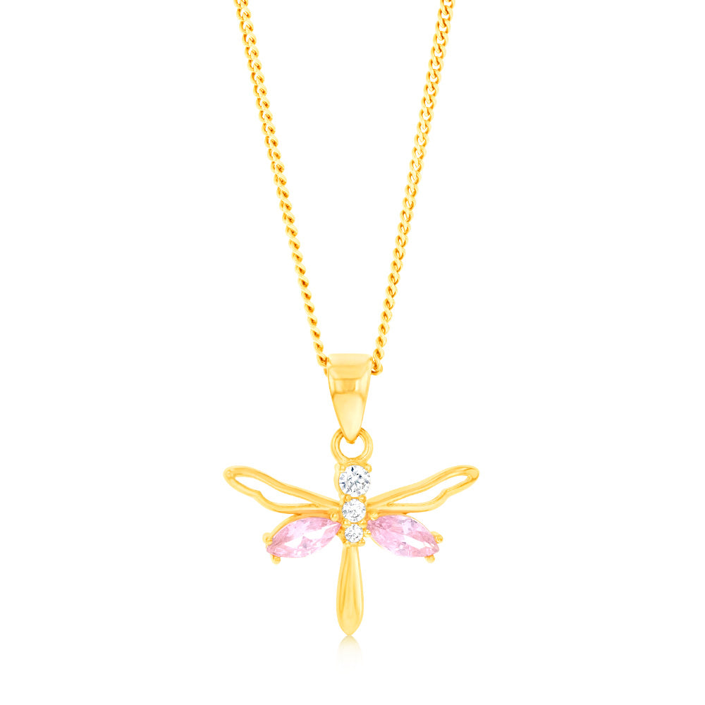 9ct Yellow Gold Zirconia Pink Dragonfly Pendant