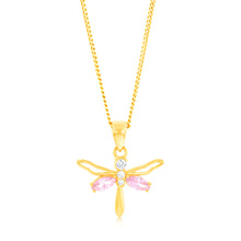 Load image into Gallery viewer, 9ct Yellow Gold Zirconia Pink Dragonfly Pendant