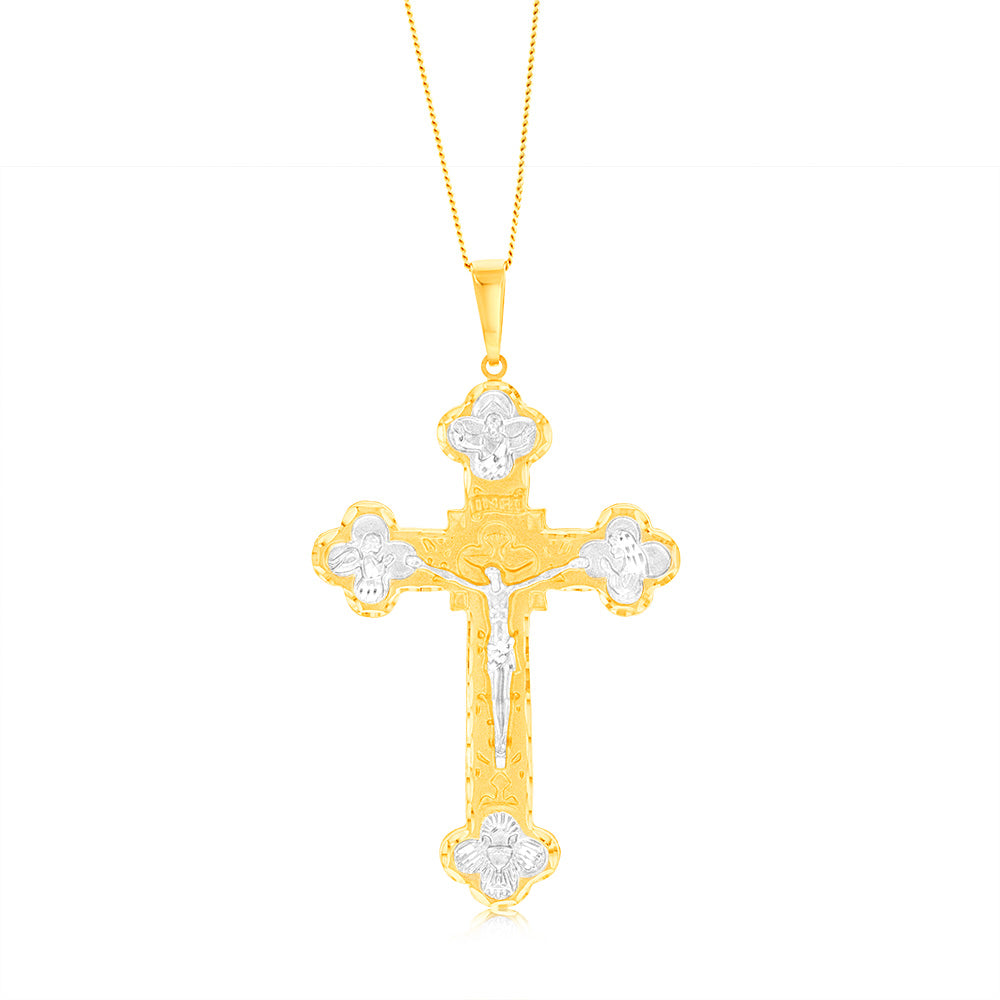 9ct Yellow & White Gold Diamond Cut Crucifix Pendant