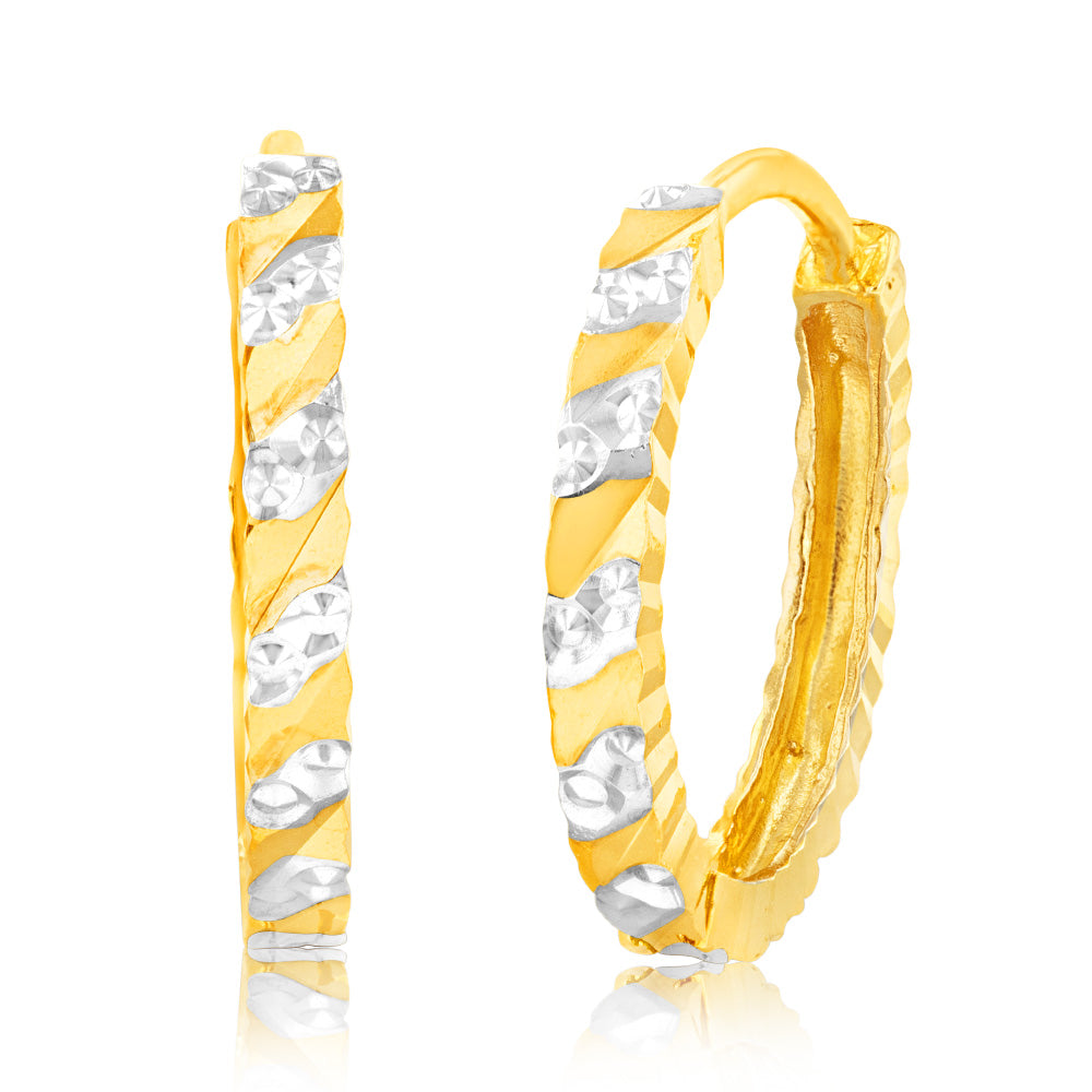 9ct Yellow And White Gold Diamond Cut Fancy Hoop Earrings