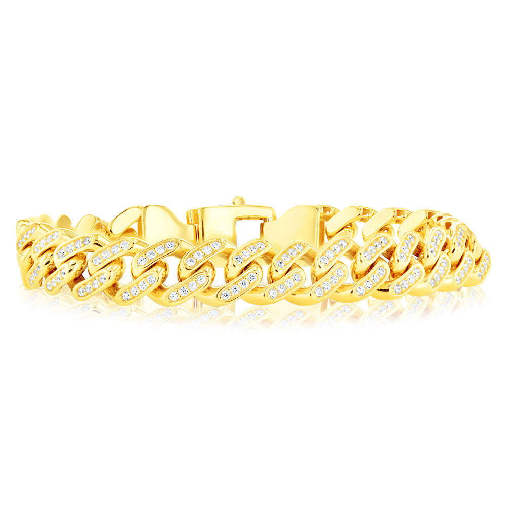 9ct Yello Gold Curb Fancy Zirconia 19cm Bracelet