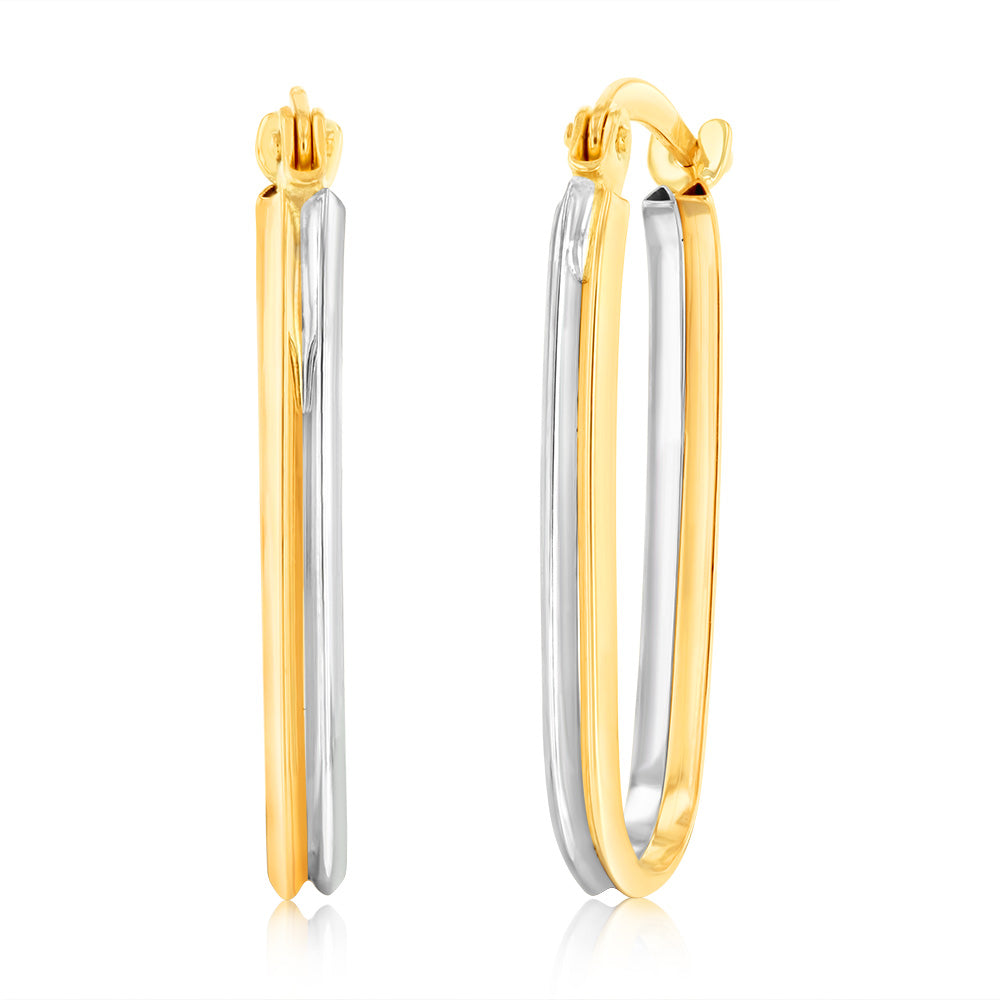 9ct Yellow And White Gold Two Tone Elongated Hoop Earring