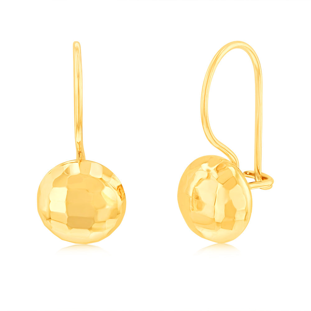 9ct Yellow Gold Diamond Cut 6.9mm Flat Ball Euroball Hook Earrings
