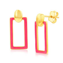 Load image into Gallery viewer, 9ct Yellow Gold Pink Enamel Rectangle Drop Earrings