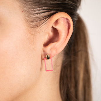 9ct Yellow Gold Pink Enamel Rectangle Drop Earrings