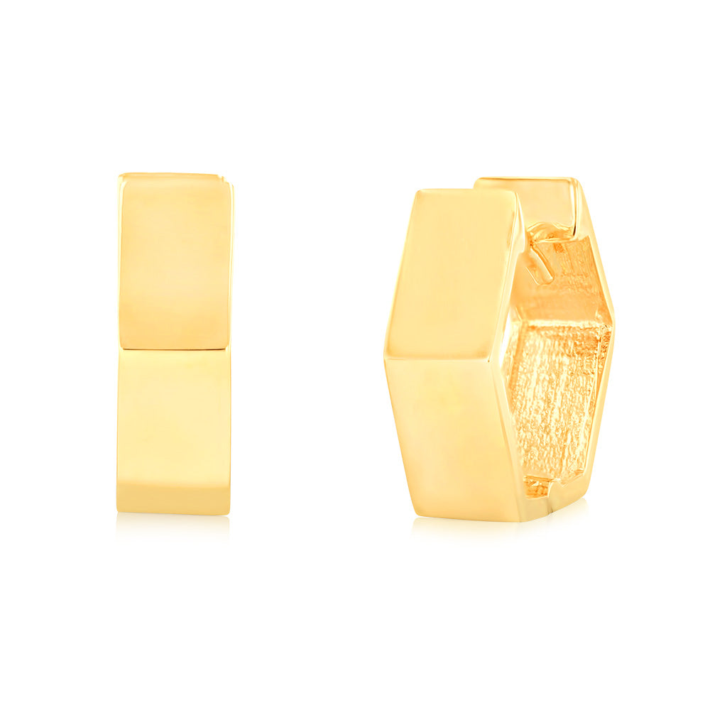 9ct Yellow Gold Broad Hexagonal Huggie Hoop Earrings