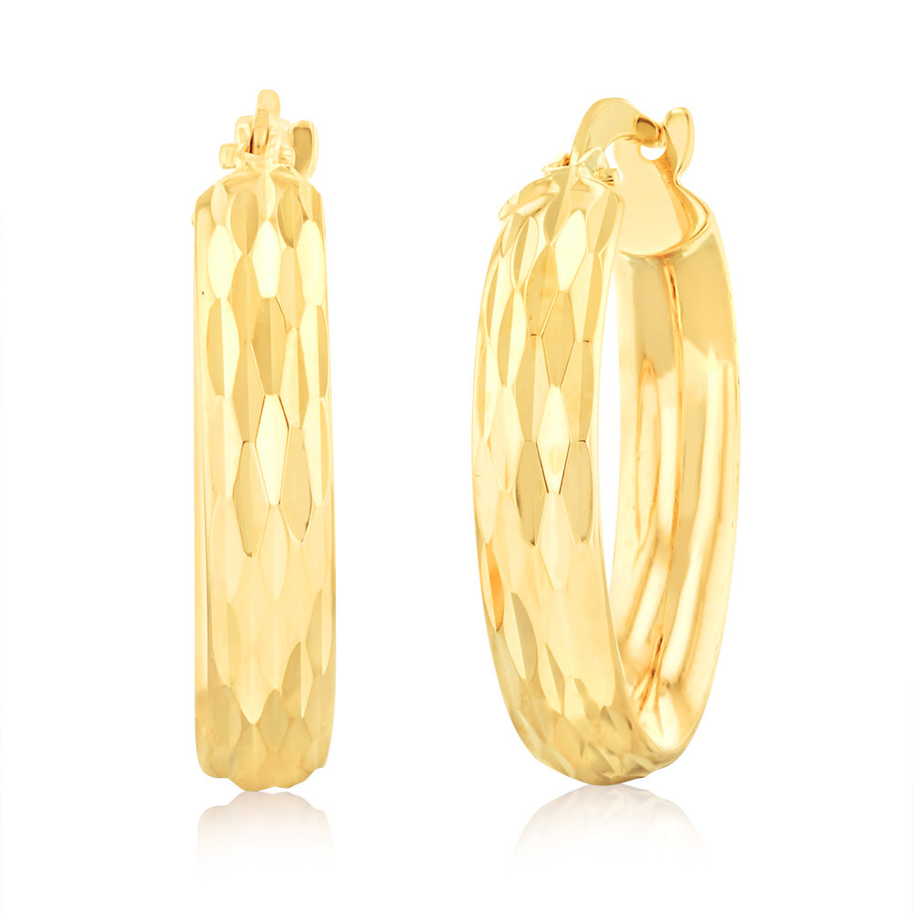 9ct Yellow Gold Double Side Diamond Cut Hoop Earrings