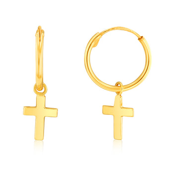 9ct Yellow Gold Polished Cross On 12mm Hoop Earrings