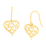 9ct Yellow Gold Heart with Cut Out Hearts Hook Earrings