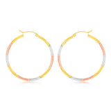 9ct Yellow Rose And White Gold Tri Colour  Super Light Diamond Cut Tube Hoop Earrings