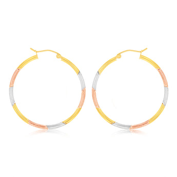9ct Yellow Rose And White Gold Tri Colour  Super Light Diamond Cut Tube Hoop Earrings