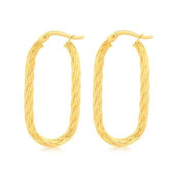 9ct Yellow Gold Twisted Elongated Hoop Earrings