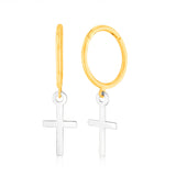 9ct Yellow And White Two Tone Gold Cross On Sleeper Earrings