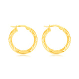 9ct Yellow Gold Double Side Diamond Cut 15mm Hoop Earrings
