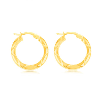 9ct Yellow Gold Double Side Diamond Cut 15mm Hoop Earrings