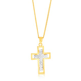 9ct Yellow And White Two-Tone Gold Diamond Cut 20mm X 15mm Cross Pendant