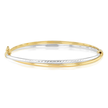 9ct Yellow And White Two-Tone Gold Plain And Textured Hinged 60mm Bangle
