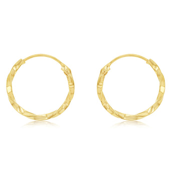 9ct Yellow Gold Diamond Cut Twisted 1.25 x 12mm Sleeper Hoop Earrings