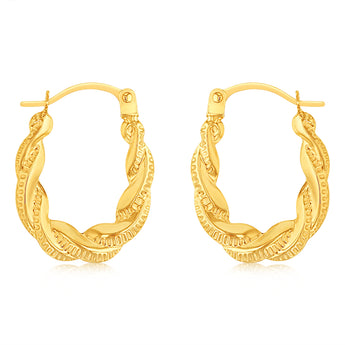 9ct Yellow Gold Textured Twisted Hoop Earrings