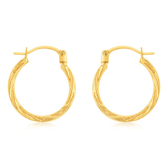 9ct Yellow Gold Textured Twisted Hoop Earrings