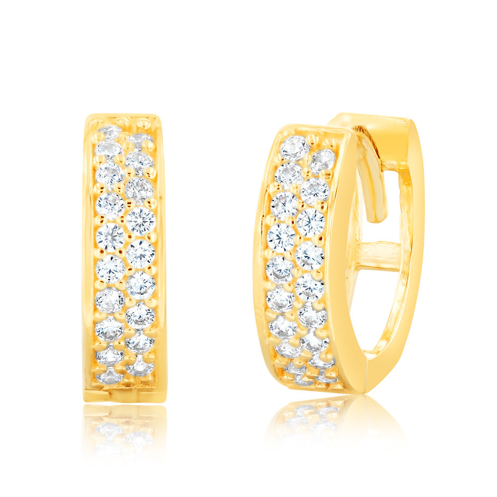 9ct Yellow Gold 8mm Cubic Zirconia Pave Huggie Earrings