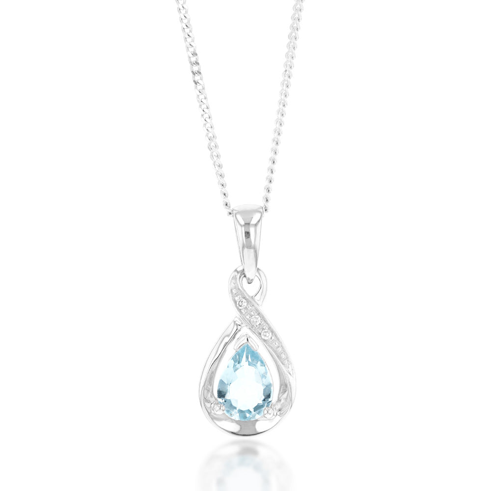 9ct White Gold Pear Shaped Aquamarine + Diamond Pendant