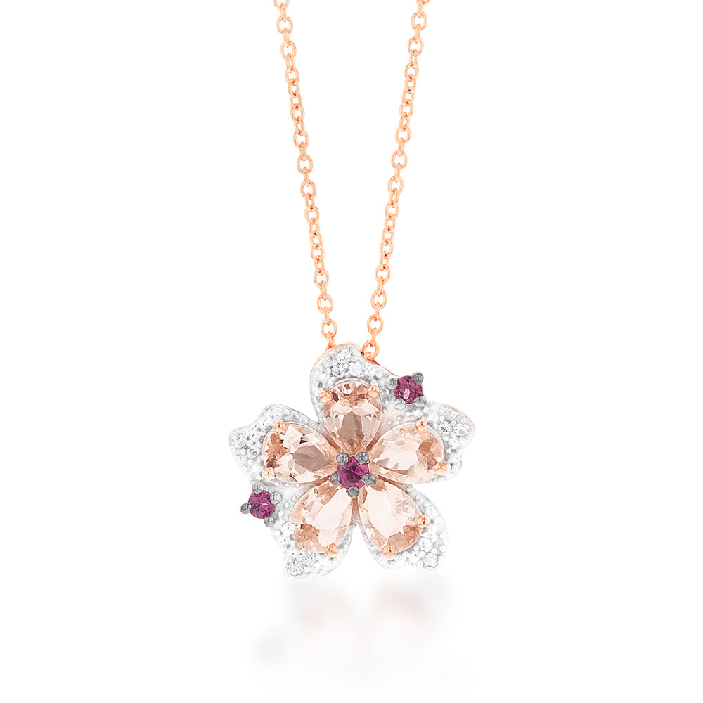Rose Plated Sterling Silver Morganite Rhodolite and White Zircon Pendant on Chain