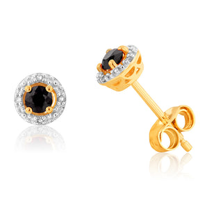 9ct Yellow Gold Natural Sapphire and Diamond Halo Stud Earrings