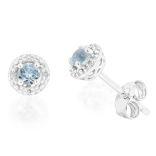 Load image into Gallery viewer, 9ct White Gold 3mm Aquamarine and Diamond Halo Stud Earrings