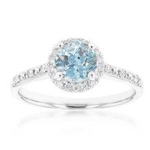 Load image into Gallery viewer, 9ct White Gold 6mm Aquamarine and Diamond Halo Ring