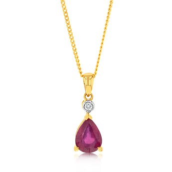 9ct Yellow Gold 1.50ct Natural Enhanced Ruby and Diamond Pendant on 9ct 45cm Chain