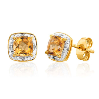 9ct Yellow Gold 1/2ct Citrine and Diamond Cushion Cut Stud Earrings