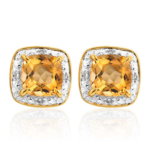 9ct Yellow Gold 1/2ct Citrine and Diamond Cushion Cut Stud Earrings