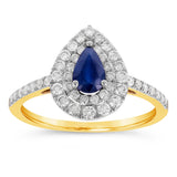 9ct Yellow Gold 0.59ct Natural Black Sapphire and 1/2ct Diamond Double Halo Pear Ring